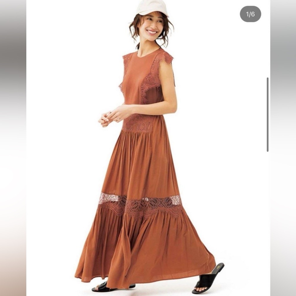 H&M Conscious Long Lyocell Blend Maxi Dress Boho Lace Rust Brown size 2 EUC